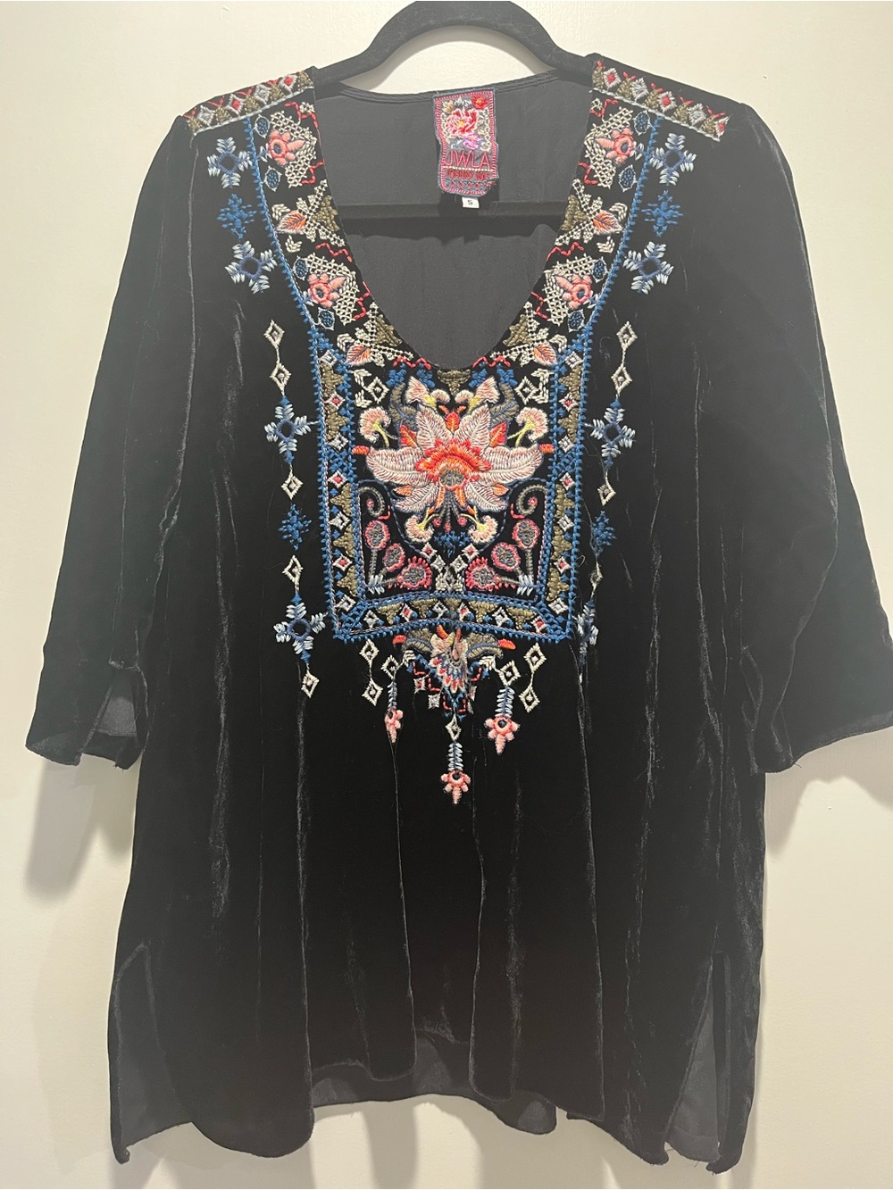 Johnny Was Black Velvet Embroidered V-Neck Tunic